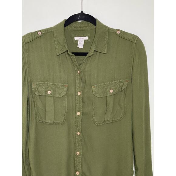Forever 21 Button Up Blouse Top Long Sleeve Pocket Front Collared Army Green S - Picture 4 of 10